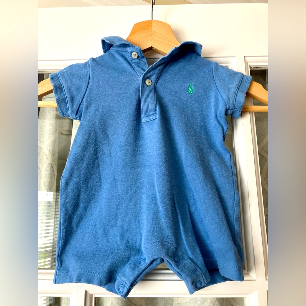 Ralph Lauren 100% cotton Blue Polo Romper with Green Logo